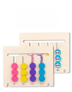 Detailed macro view of double-sided wooden Montessori slide logic game with animal patterns