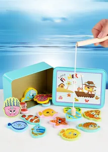 Magnetic wooden fishing toy set with metal storage box and colorful marine animals