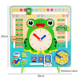Wooden 7-in-1 frog weather calendar clock for kids learning seasons and time