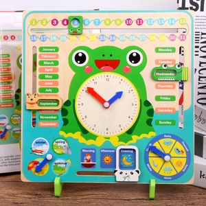 7-in-1 wooden frog calendar clock for kids to learn time, date, seasons, and weather