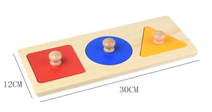 Detailed view of wooden Montessori shape puzzle with dimensions 30cm by 12cm
