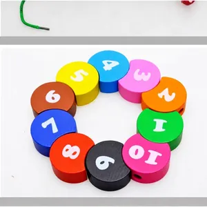 Rainbow wooden number beads toy with threading string for toddler motor skills