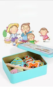 Macro detail of wooden magnetic fish toys stored in a blue Funny FISHER metal tin box