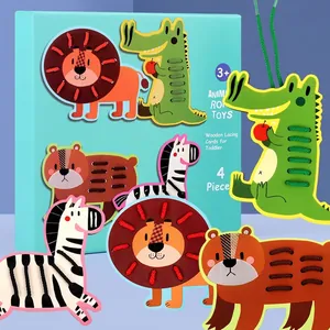 Jouets de Laçage en Bois Montessori pour Tout-Petits Planches à Enfiler Animaux Fruits Entraînement de la Motricité Fine