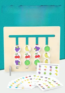 Detail showing wooden logic game board with fruit sliders and challenge cards for kids