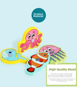 Detail of colorful wooden octopus, clownfish, whale and jellyfish magnetic fishing toys