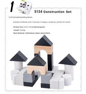 Detail view of 24pcs wooden building blocks with dimensions and a portable tin storage box