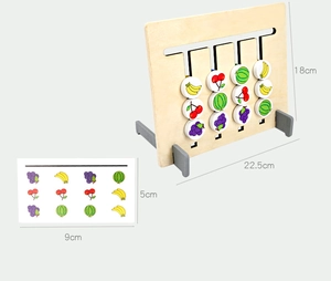 Detailed view of wooden logic fruit puzzle board dimensions 22.5x18cm with card