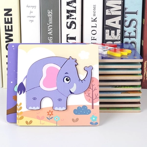 3D wooden elephant puzzle for kids featuring stacked colorful cartoon animal designs