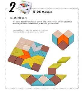 Detail view of 26-piece wooden mosaic puzzles in a metal tin for kids early learning