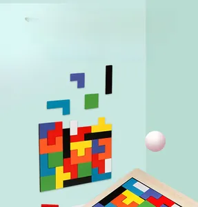 Macro shot of colorful wooden tetris blocks and puzzle pieces for early learning