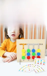 Detail of wooden Montessori logic game with four color sliders and pattern cards