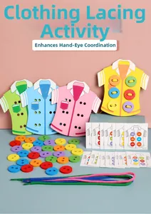 Detailed set of wooden threading boards with colorful buttons and logic cards for fine motor skills