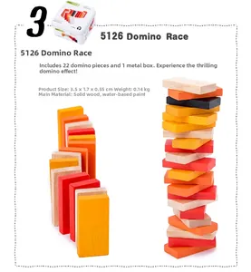 Detailed specs of the 22-piece wooden domino set with a metal storage box for children