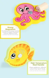 Close-up of magnetic wooden fish toys with heat transfer print and metal contact points