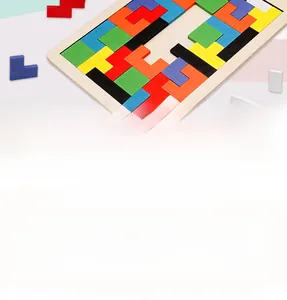 Macro detail of colorful wooden Tetris puzzle blocks for child cognitive development