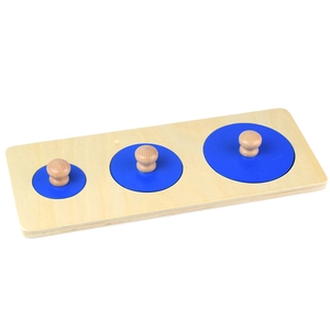 Montessori wooden geometric shape puzzle with three blue circles and grab handles