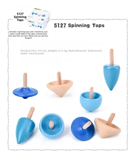 Set of four colorful wooden spinning tops in a compact tin storage box for kids