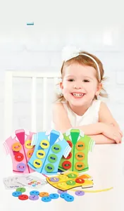 Educational Montessori wooden toy set for kids showing colorful shirts and large buttons