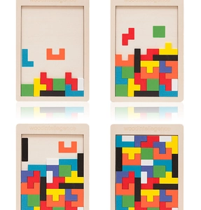 Step-by-step assembly of colorful wooden tetris blocks in a natural wood frame