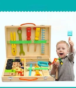 Macro detail of wooden toy toolbox set with colorful screws, nuts and hand tools for kids