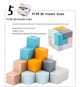 Detail view of 9-piece wooden 3D puzzle blocks with a portable metal storage tin box