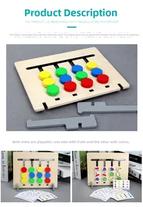 Macro detail of double-sided wooden logic puzzle with color and fruit sliding pieces