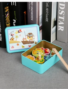 Detailed view of kids wooden magnetic fishing game with tin box and cartoon bear