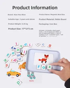Detailed set of wooden magnetic alphabet letters and educational cards in a tin box