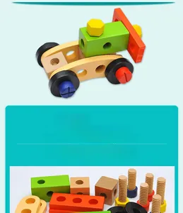 Detailed assembly parts of a wooden toy car with colorful screws and wood blocks