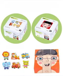 Close-up of wooden puzzle pieces for kids with portable metal tin storage box