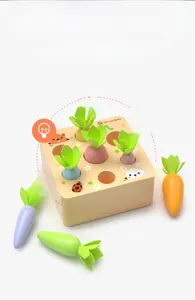 Macro view of colorful wooden carrots and light wood base for sensory motor skills training