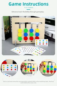 Macro detail of wooden Montessori logic game with colorful sliding beads and challenge cards