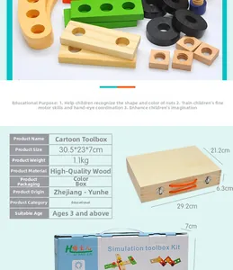 Detailed view of children's wooden tool box set with size dimensions and screw accessories