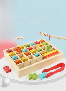 Detailed view of wooden magnetic fishing toy with colorful fish and counting sticks