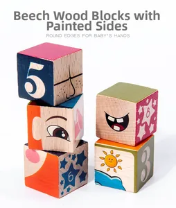 Detail of beech wood blocks with rounded edges for safety and printed educational icons