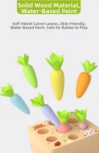 Detail of wooden carrot toy set featuring soft felt leaves and safe water-based paint