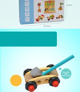 Detail view of wooden tool box set with colorful screws, nuts, and smooth wooden accessories