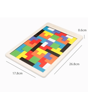 Detailed view of colorful wooden tetris puzzle with dimensions 26.8x17.8x0.6cm