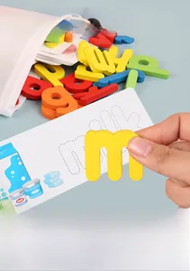 Educational wooden alphabet puzzle set with colored letters and word cards for kids