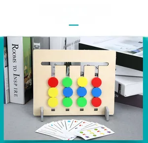 Detail of wooden Montessori logic game showing four-color sliders and pattern challenge cards