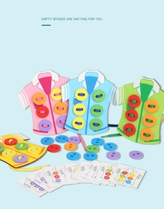 Detail of wooden shirt lacing toy with colorful buttons and educational guide cards