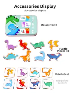 Detailed dinosaur puzzle set with storage tin, cut-out cards, and colorful animal pieces