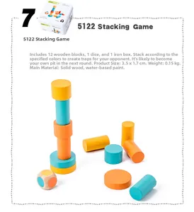 Detail view of 12 colorful solid wood blocks and a wooden dice with a compact tin box