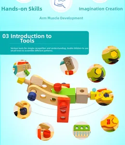 Detailed view of kids wooden tool set including wrenches and nuts for hands-on learning