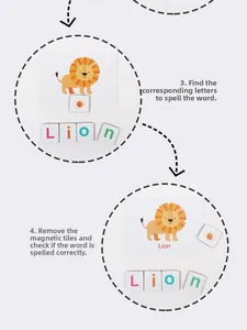 Detail view of magnetic letters and lion animal flashcard for kids spelling education