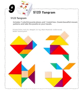Macro view of 4x4cm wooden tangram puzzle pieces with a compact travel metal case