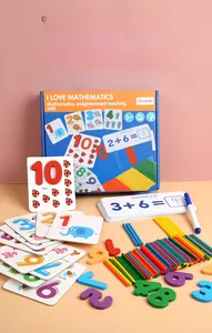Detail of wooden math learning set with counting sticks and animal number cards