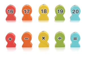 Macro shot of colorful wooden math blocks with magnetic studs and math symbols