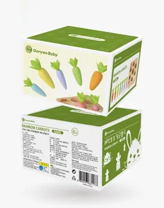 Detail view of colorful wooden carrot puzzle toy packaging showing premium pine material